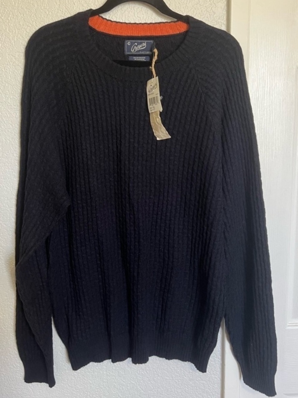 Grayers Navy Blue Orange Trim Crewneck Ribbed Knit Sweater NWT